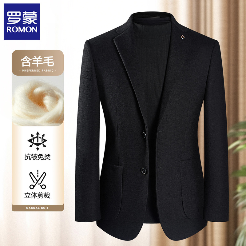 Romon Men's New Winter Black Wool-Blend Thickened Business Slim-Fit Wrinkle-Resistant No-Iron Suit Jacket for Men Romon Men's New Winter Black Wool-Blend Thickened Business Slim-Fit Wrinkle-Resistant No-Iron Suit Jacket for Men
