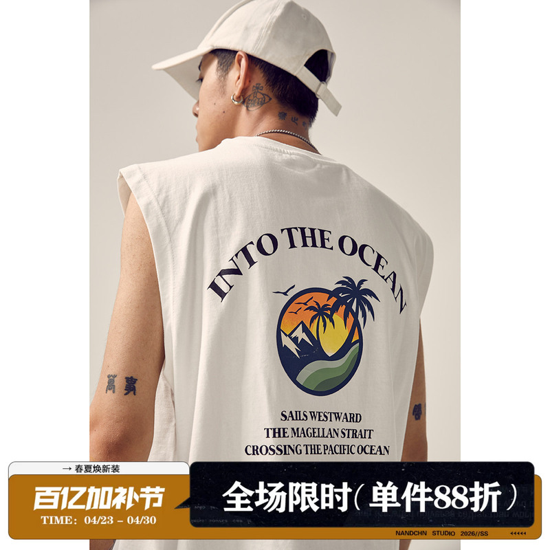 Men's 2026 Summer Sleeveless Vest with Coconut Tree Print on the Back, Trendy Loose Casual Student Couple T-Shirt Top