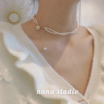 Double pearl necklace Lily and Valley neck chain choker female summer retro natural freshwater rice grain niche design multi-layer