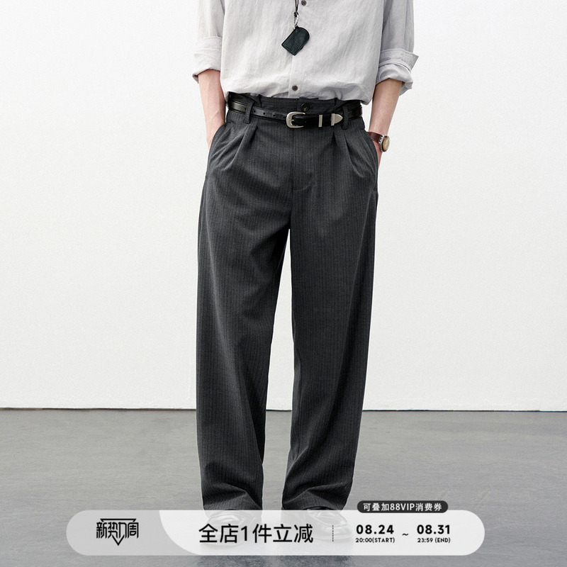 714Street Double Pleated Striped Straight-Leg Dress Pants for Men, 2026 Spring, Old Money Style, Drapey, Versatile Casual Trousers