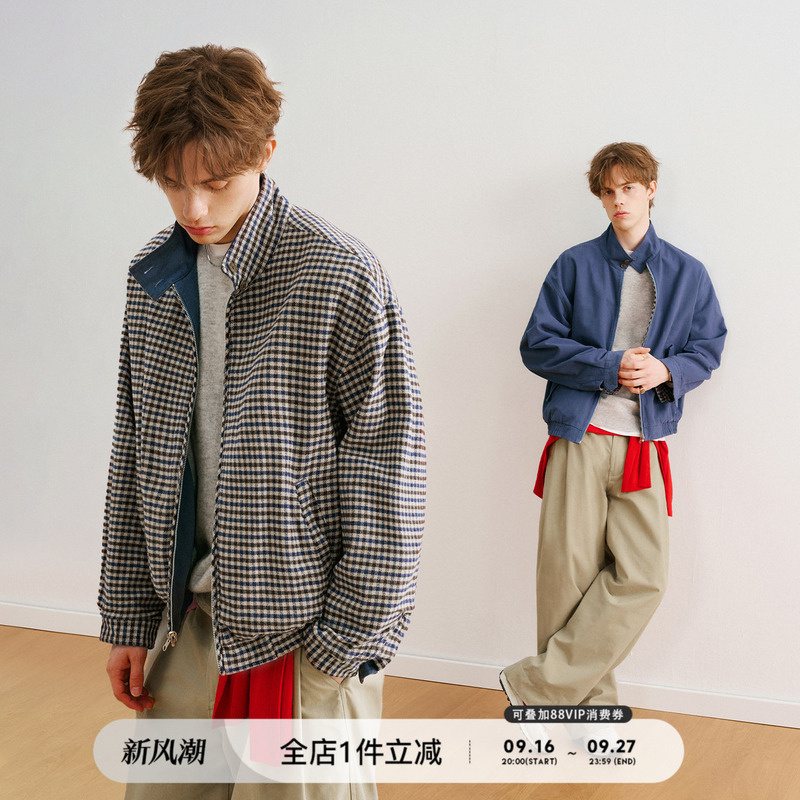 [Reversible] 714Street Retro Harrington Jacket for Men, Autumn Slightly Loose Fit, Houndstooth Short Coat