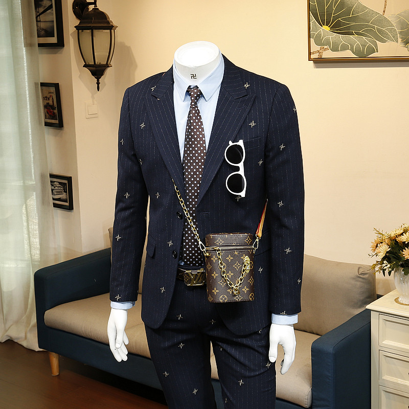 136524 Fall new Korean version of Handsome Fashion Trends Business Positive Dress Embroidered Casual Striped Suit Jacket Man