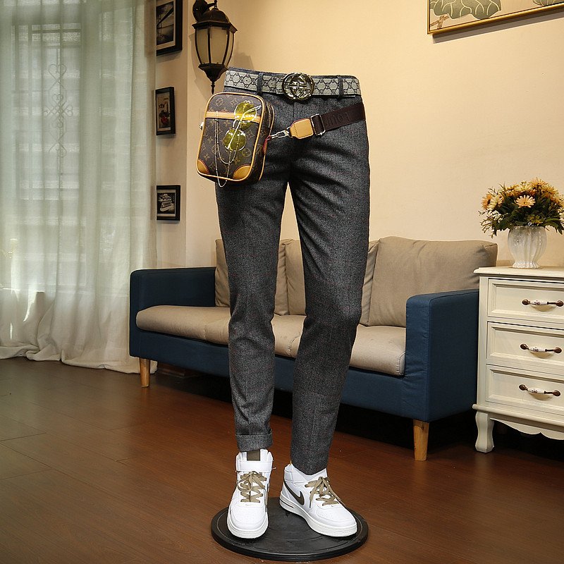 136524 Autumn Winter New Business Casual Positive Dress Korean Version Sashimi Trend Handsome Wool Plaid Pants Men Long Pants