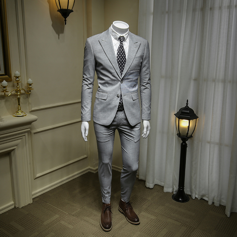 136.524 Xuân / Hè mới 2019 Thin khâu Thousand Birds Ánh sáng Grey Suit nam Suit Hàn Quốc phiên bản Business ăn mặc