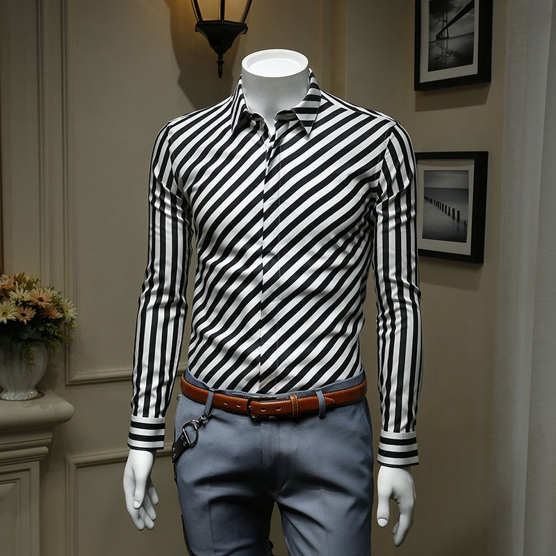 136524 high on top fashion Inn Wind boutique Korean version Body Business Men's Clothing Bottom Long Sleeve Shirt Male Stripes