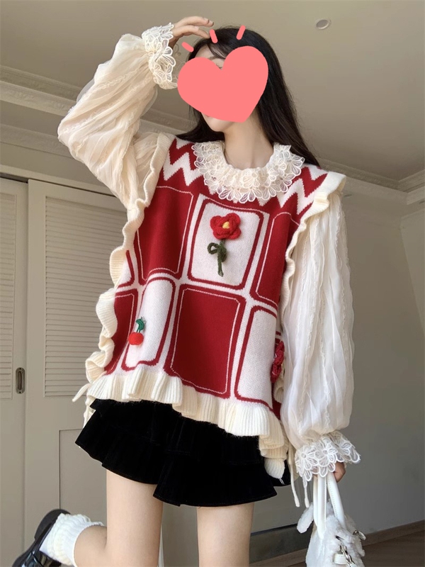 Sweet Knitted Vest with Cute Jacquard Sweater Vest Design, Stylish Shirt, Autumn and Winter Women's Two-Piece Set for a Youthful Look