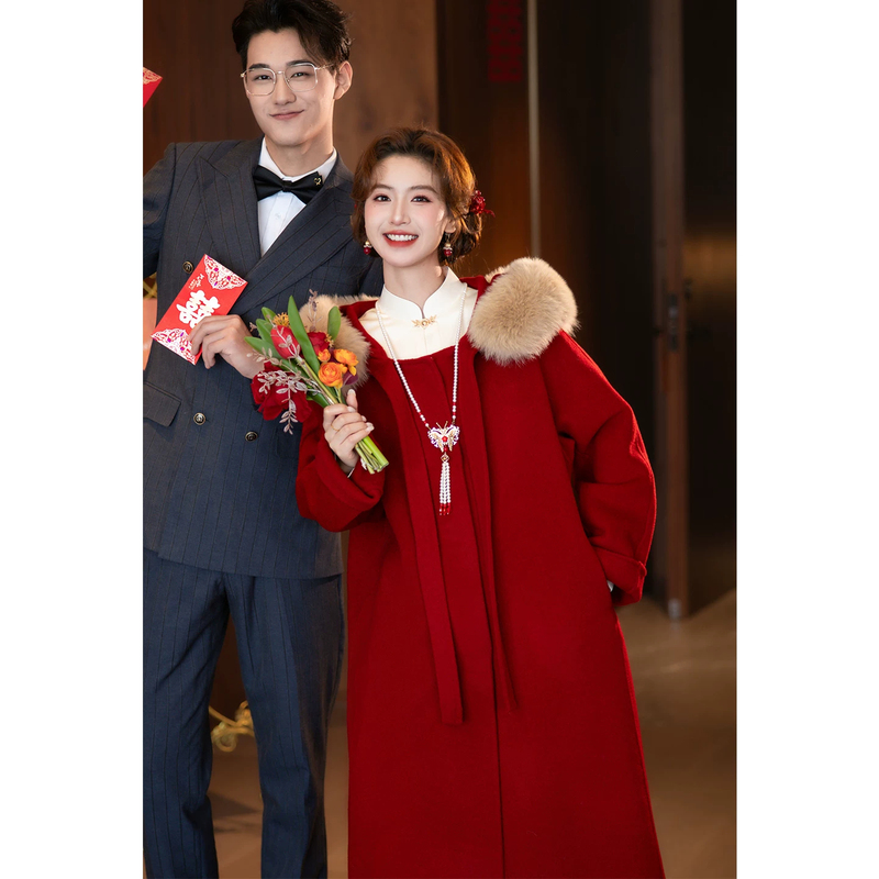 High-End Red Double-Sided Cashmere Coat for Women, 2026 Autumn and Winter New Engagement Dress, Bride's Toast Dress, Woolen Coat