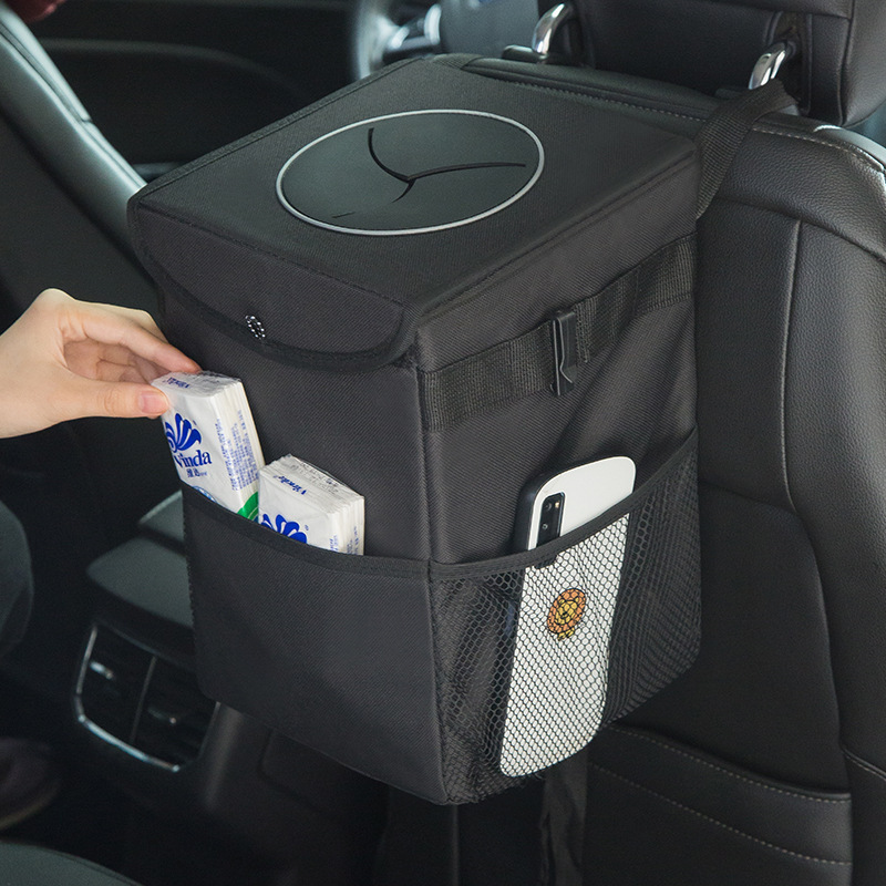 Car Trash Can with Lid, In-Car Cleaning Garbage Storage Box, Waterproof Car Seat Back Storage Bag, Customizable Logo