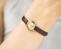 Lithuania Round◇vintage simple compact gold-plated case genuine leather ladies mechanical movement watch