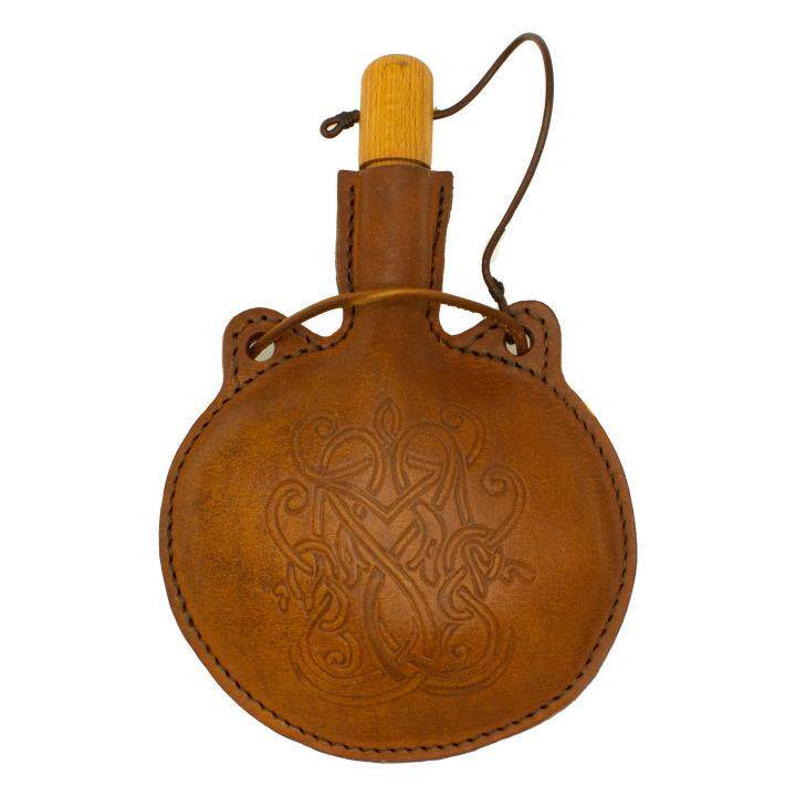 German Vikinginfin handmade Vintage brown carved 500ml Viking leather field bottle skin bag