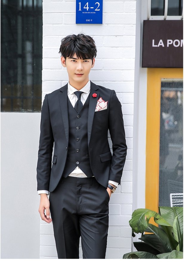 Bộ đồ vest nam thanh lịch mỏng phù hợp với chú rể màu hồng thời trang giản dị nhỏ phù hợp với nam doanh nhân bộ đồ ba mảnh quần kaki nam đẹp