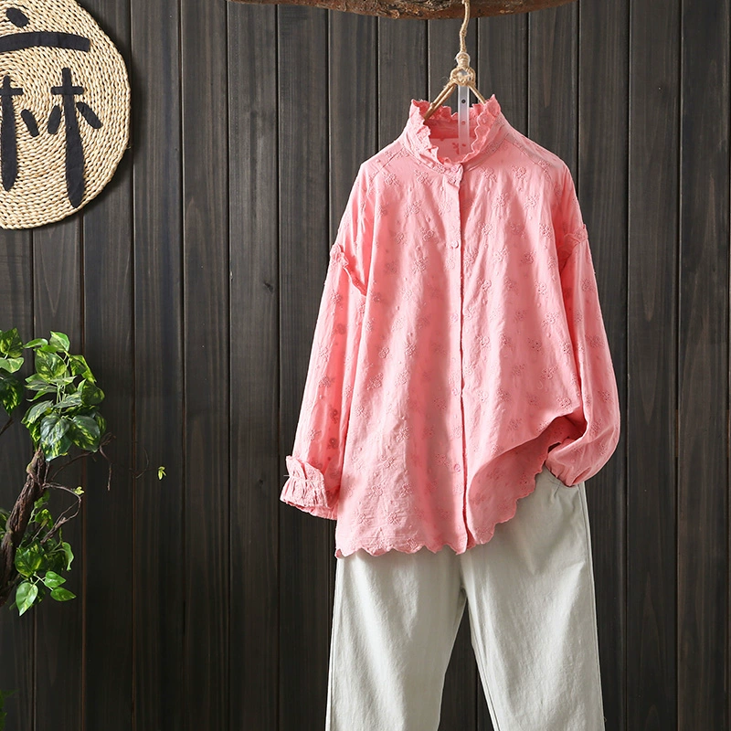 Mùa xuân và mùa thu phong cách văn học quạt khâu jacquard đơn ngực dài tay áo sơ mi tai gỗ cổ đứng của phụ nữ áo sơ mi cổ đứng lỏng lẻo - Áo sơ mi