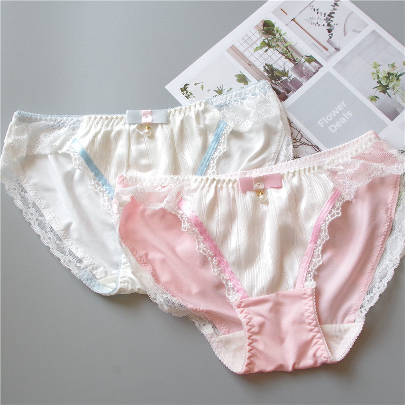 Women's Japanese underwear milk silk silky and delicate chiffon silver vertical stripes small pearl bow ladies underwear