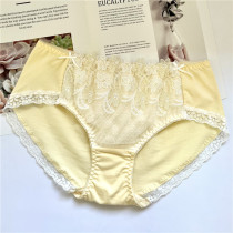 Light yellow Foreign trade Japanese flower embroidery mesh sexy mid-waist cotton cotton womens underwear