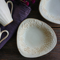 Spot beneficial burnt virtuoso handmade hand-drawn coarse pottery retro relief flower dinner plate sweet pans