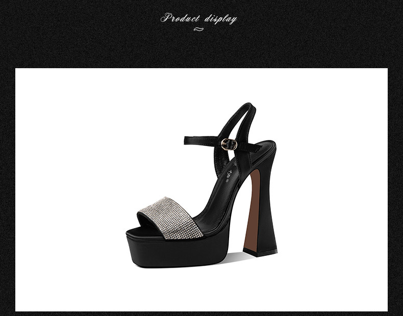 Sandal cao gót nữ mũi vuông đính đá quai ngang gót chunky platform chống nước — Đen, Mơ chi tiết 10