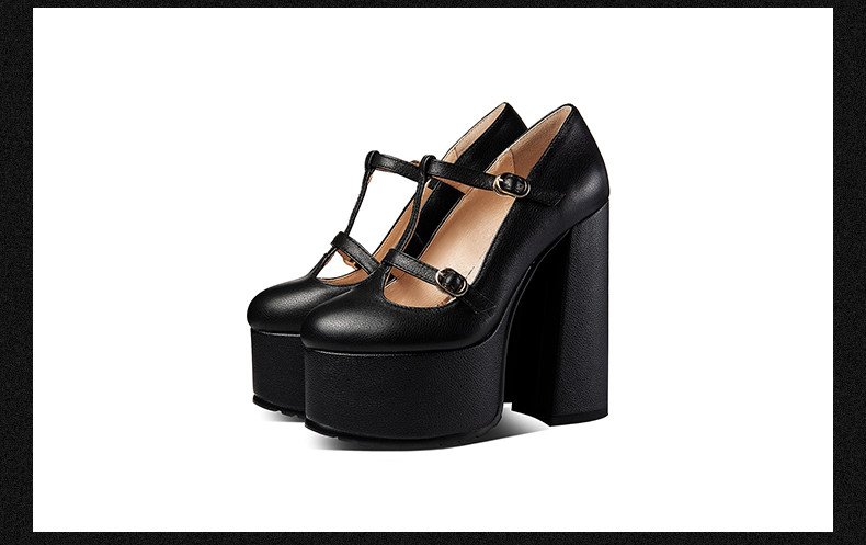 Giày Mary Jane nữ quai T mũi tròn cổ điển, gót siêu cao 8 cm, đế platform chống nước — Đen, Be chi tiết 13