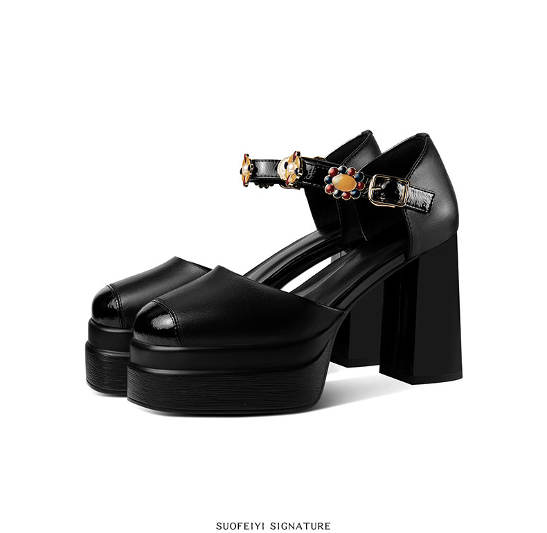 Sandal platform nữ mũi kín da thật gót vuông cao 8 cm — Đen, Trắng chi tiết 5