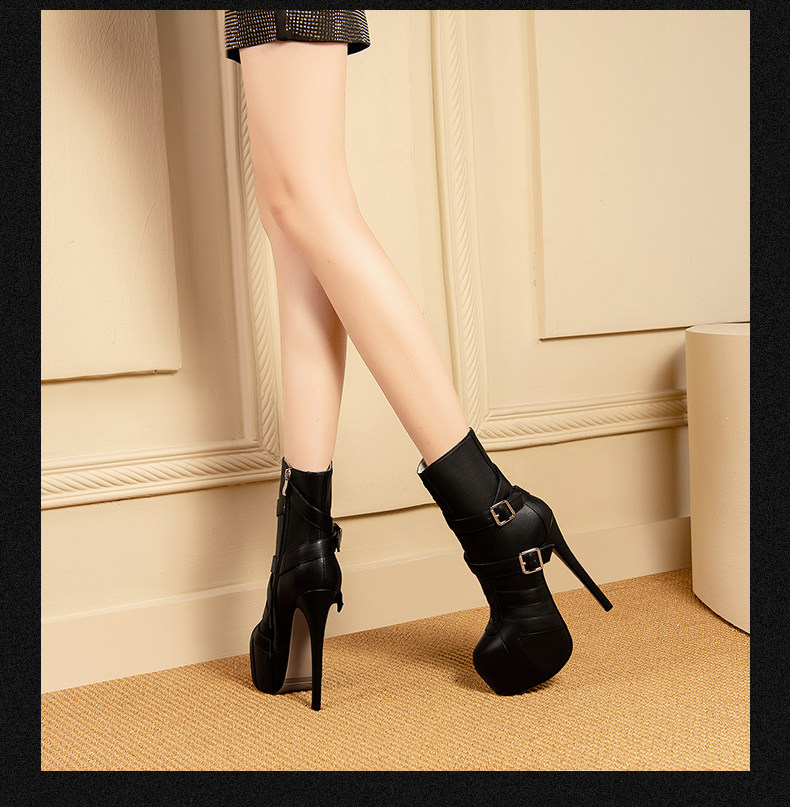 Boot nữ cổ thấp gót siêu cao 13-15cm, mũi nhọn, khóa kéo bên, lót lông nhân tạo — Đen Cao Gót 15cm, Trắng Cao Gót 15cm, Đen Cao Gót 13cm, Trắng Cao Gót 13cm chi tiết 5