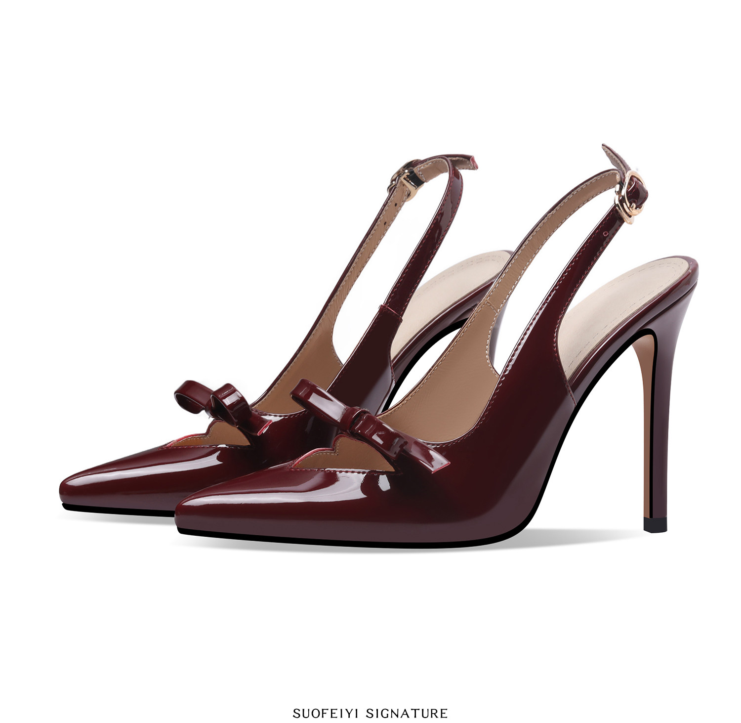 Sandal cao gót nữ hở mũi mũi nhọn chất liệu da bóng, quai mắt cá, nơ trang trí — Đen, Đỏ rượu chi tiết 9