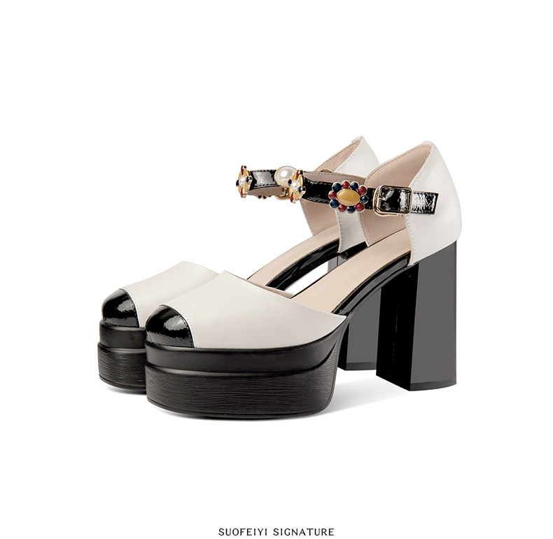 Sandal platform nữ mũi kín da thật gót vuông cao 8 cm — Đen, Trắng chi tiết 8