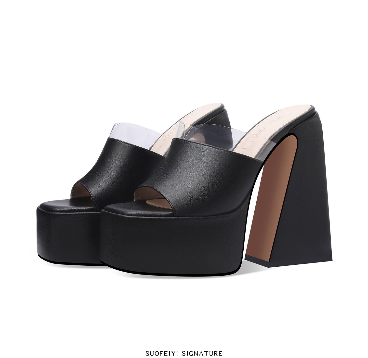 Sandal cao gót nữ mũi hở đế dày chunky gót vuông — Đen, Trắng chi tiết 5