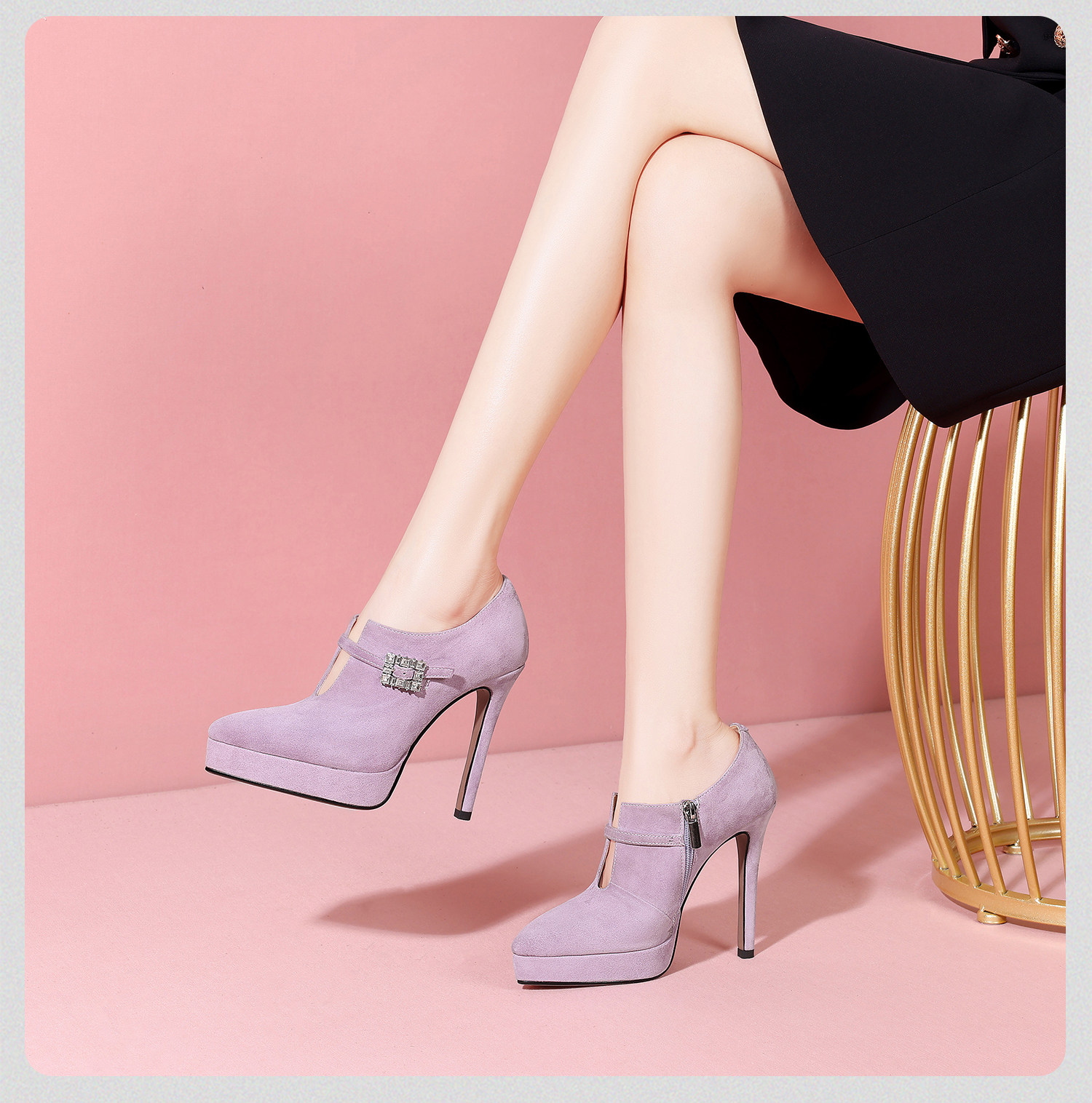 Boot cổ thấp nữ phong cách Pháp đính đá khóa vuông, gót nhọn 10–12 cm, da lộn chống nước — Đen Cao Gót 10cm, Hồng Da Cao Gót 10cm, Tím Cao Gót 10cm, Đen Cao Gót 12cm chi tiết 20
