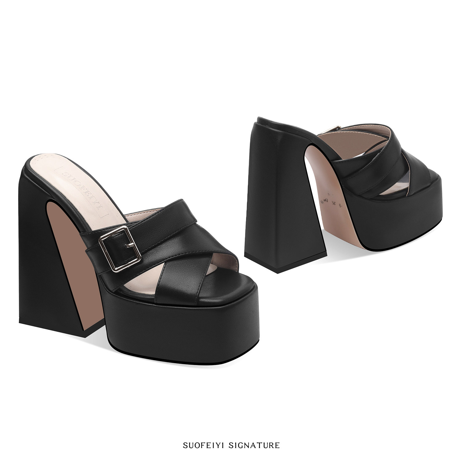 Sandal cao gót nữ hở mũi quai ngang đế dày gót vuông — Đen, Xanh dương, Vàng+Trắng, Hồng+Trắng chi tiết 3
