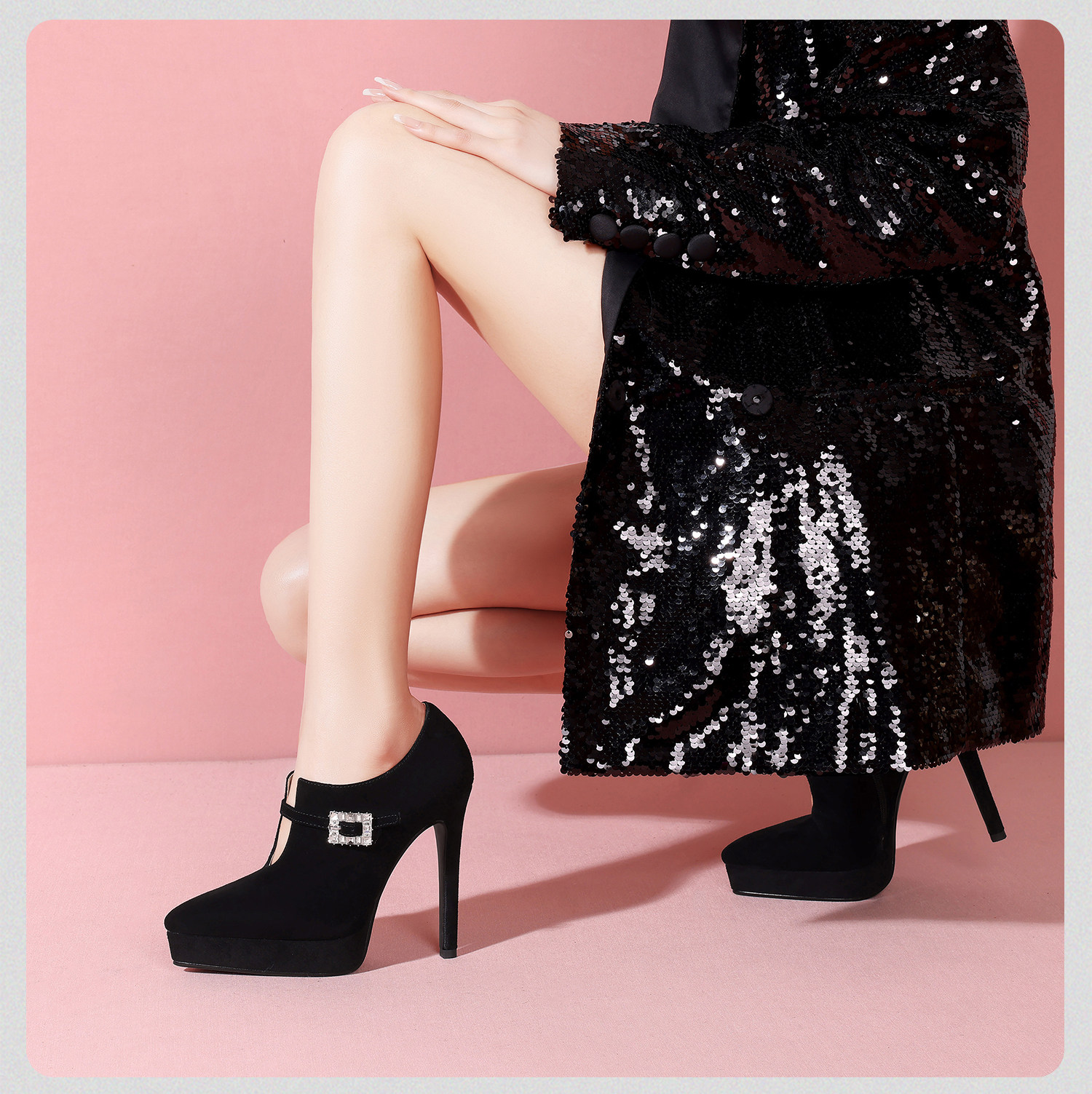 Boot cổ thấp nữ phong cách Pháp đính đá khóa vuông, gót nhọn 10–12 cm, da lộn chống nước — Đen Cao Gót 10cm, Hồng Da Cao Gót 10cm, Tím Cao Gót 10cm, Đen Cao Gót 12cm chi tiết 16
