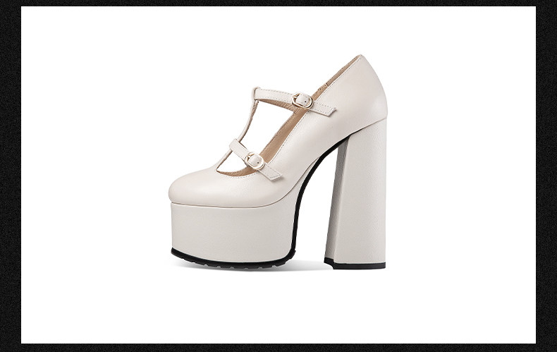 Giày Mary Jane nữ quai T mũi tròn cổ điển, gót siêu cao 8 cm, đế platform chống nước — Đen, Be chi tiết 12