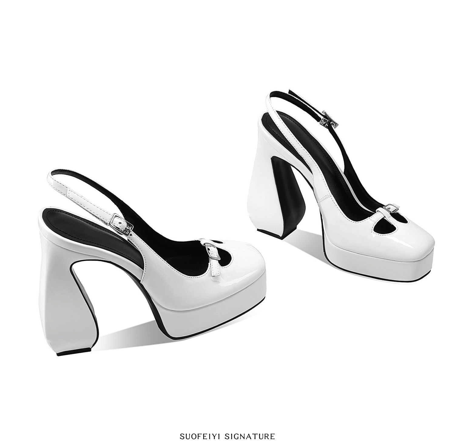 Sandal cao gót nữ mũi vuông đế xuồng chống nước — Đen, Trắng chi tiết 8