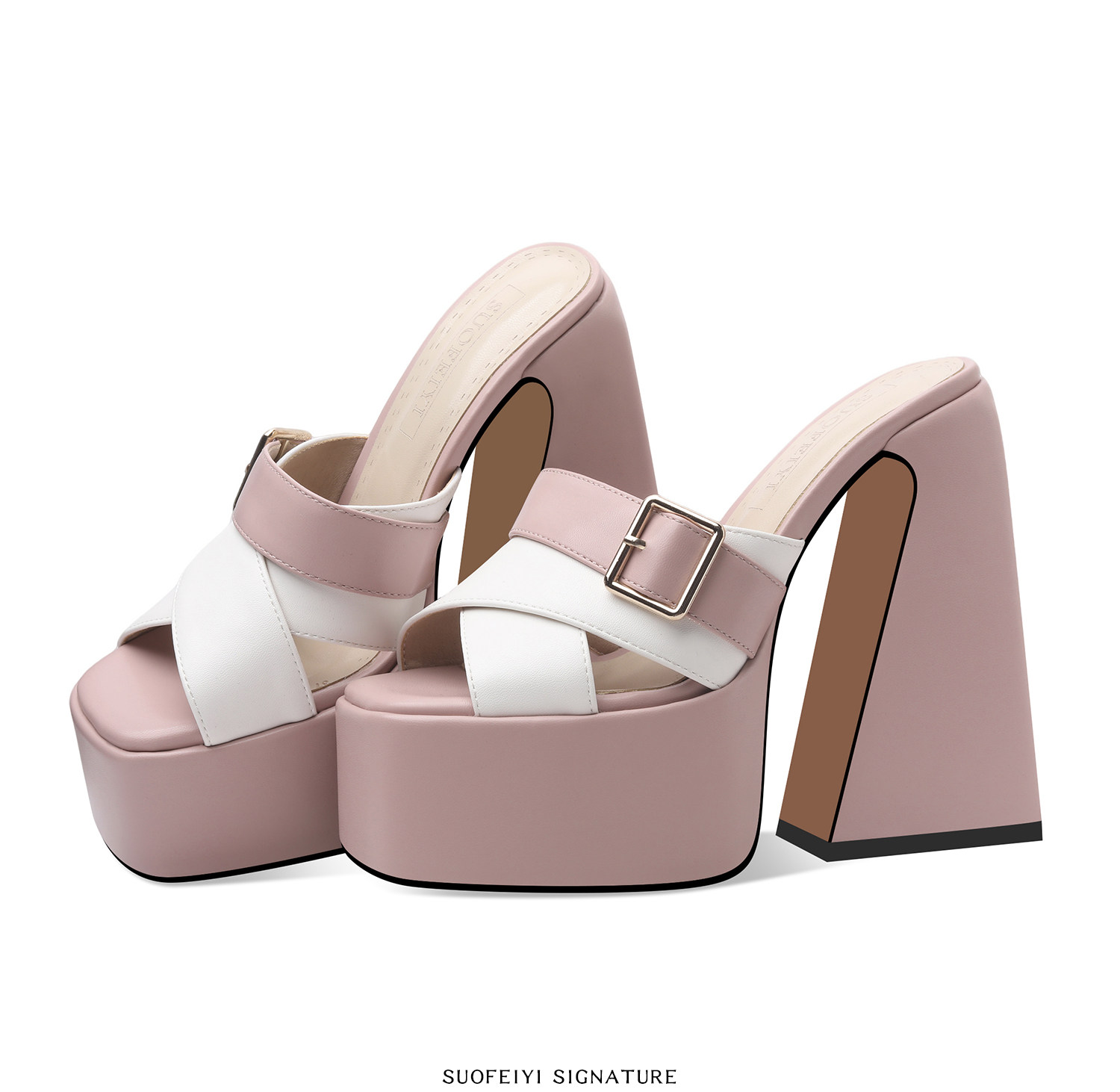 Sandal cao gót nữ hở mũi quai ngang đế dày gót vuông — Đen, Xanh dương, Vàng+Trắng, Hồng+Trắng chi tiết 7