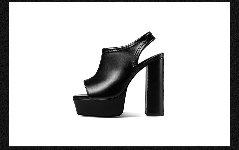 Sandal peep toe nữ gót vuông chunky đế platform da bò thật — Black (Thick Heel 35642), Yellow (Thick Heel 35642), Beige (Thick Heel 35642), Black (Thin Heel 35742) chi tiết 13