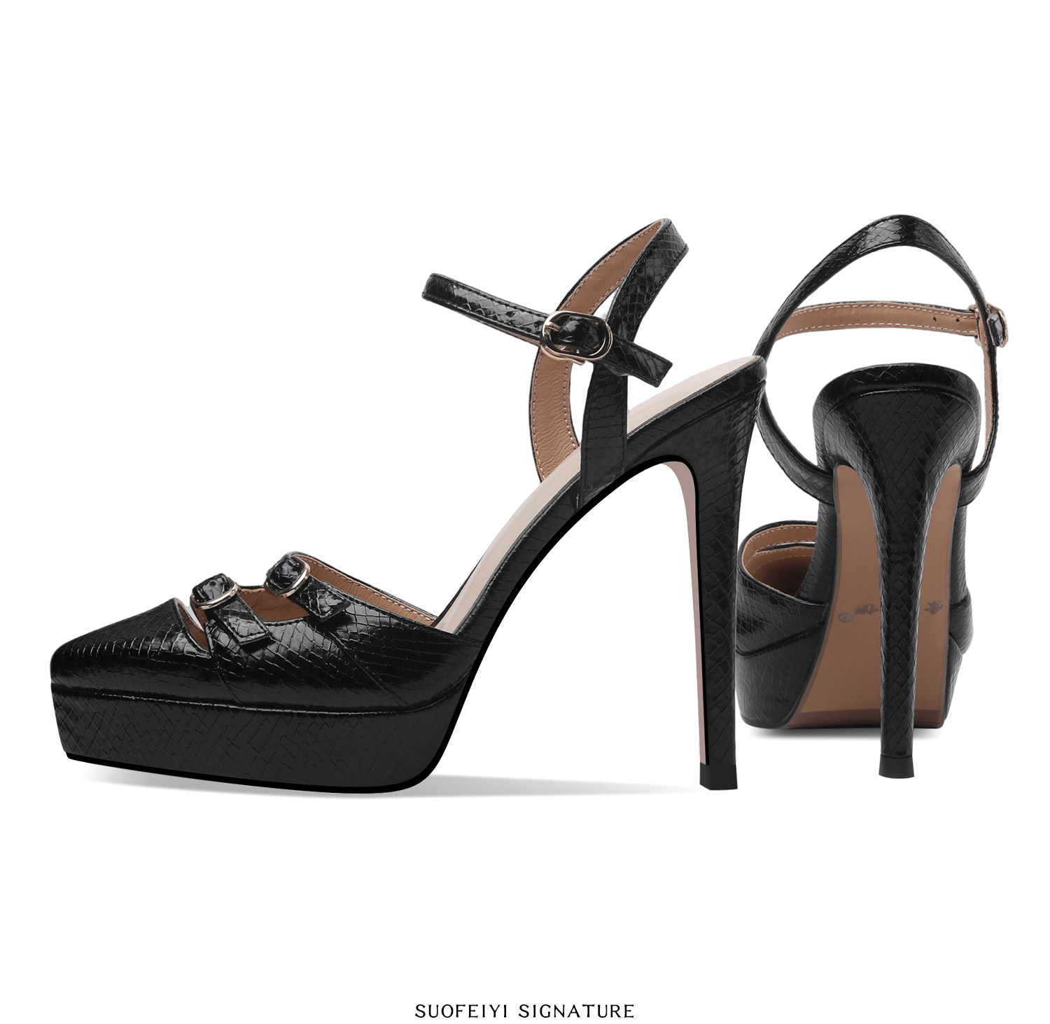 Giày sandal cao gót nữ mũi nhọn gót nhọn khoét rỗng quai mắt cá — Đen, Bạc, Vàng chi tiết 3