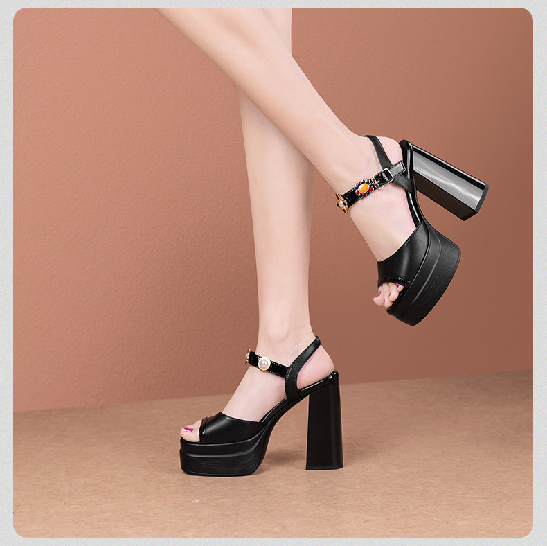 Sandal cao gót nữ mũi cá kiểu Pháp Sophie, gót vuông dày platform, quai khóa một bên — Đen, Trắng ngà chi tiết 14