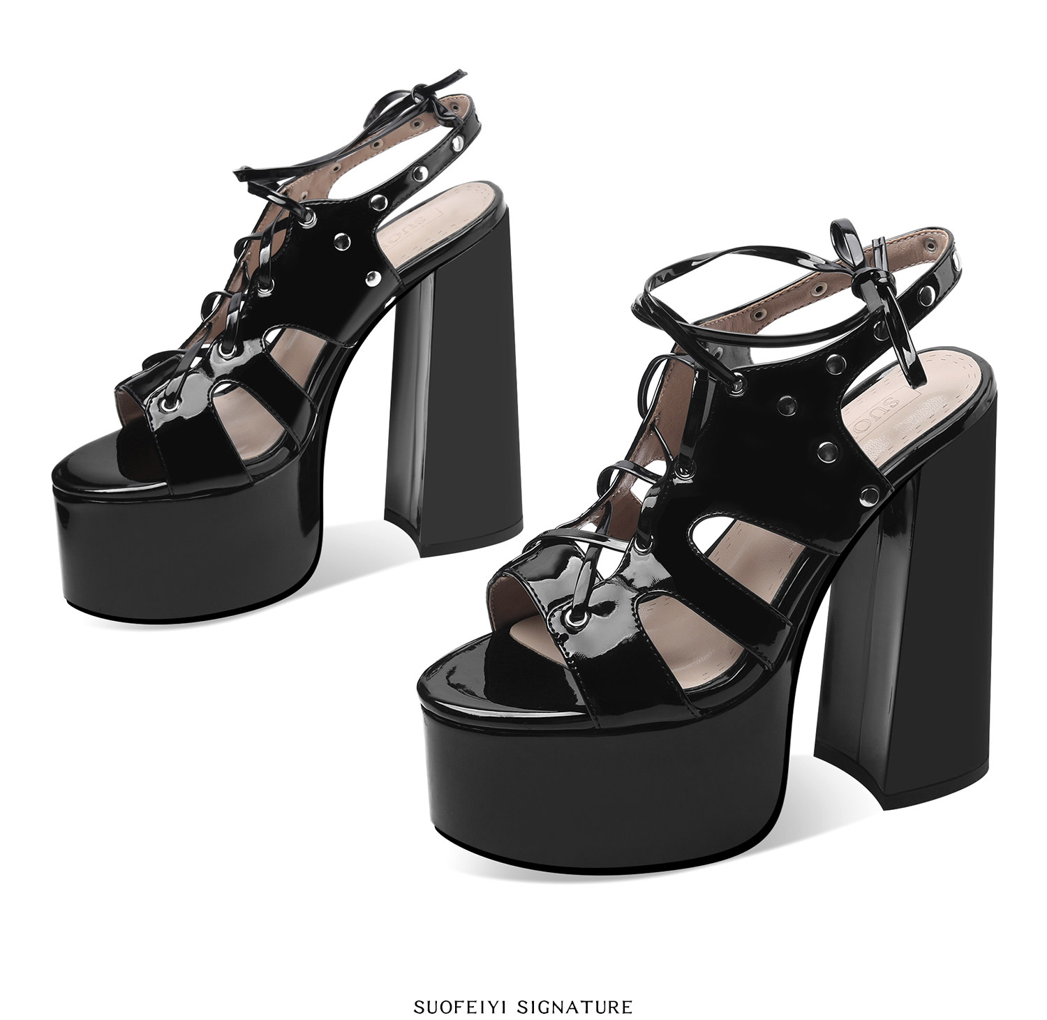 Sandal cao gót nữ mũi hở quai chéo da bóng đế dày gót vuông — Đen, Trắng chi tiết 3