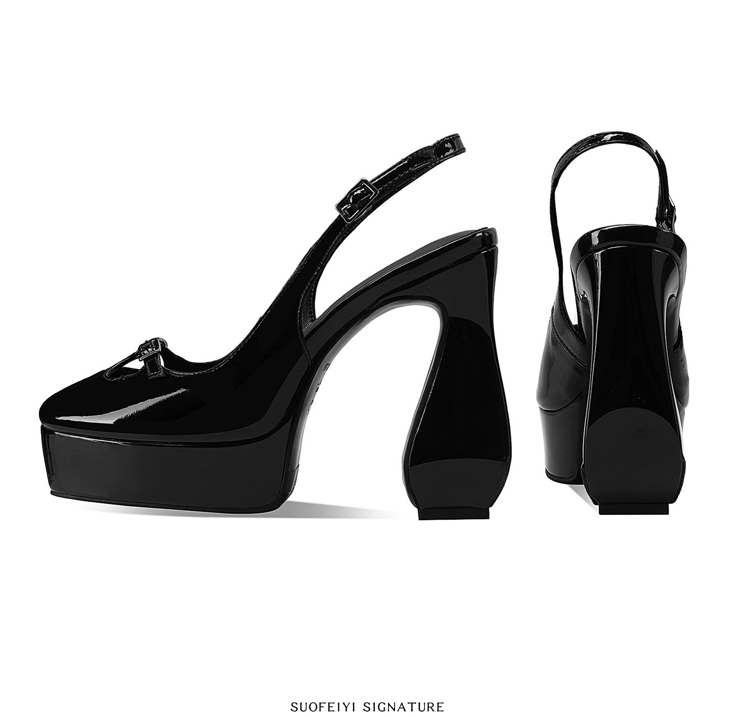 Sandal cao gót nữ mũi vuông đế xuồng chống nước — Đen, Trắng chi tiết 4
