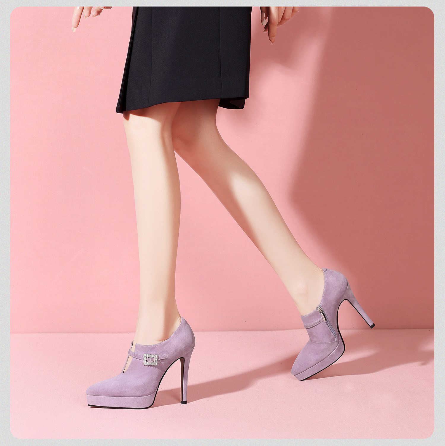 Boot cổ thấp nữ phong cách Pháp đính đá khóa vuông, gót nhọn 10–12 cm, da lộn chống nước — Đen Cao Gót 10cm, Hồng Da Cao Gót 10cm, Tím Cao Gót 10cm, Đen Cao Gót 12cm chi tiết 18
