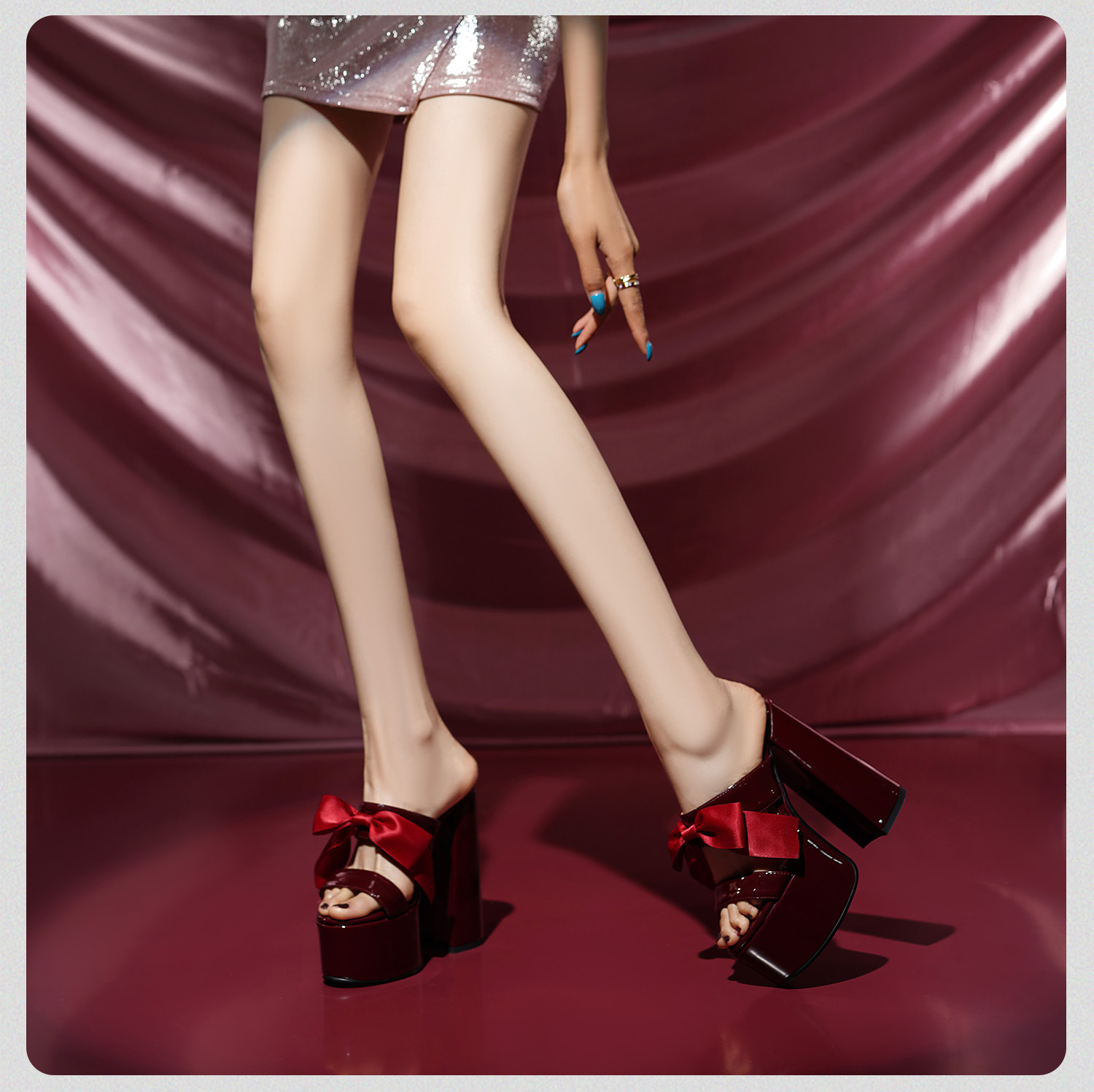 Sandal cao gót nữ mũi hở đế dày nơ bướm phong cách Pháp — Đen, Đỏ rượu chi tiết 18