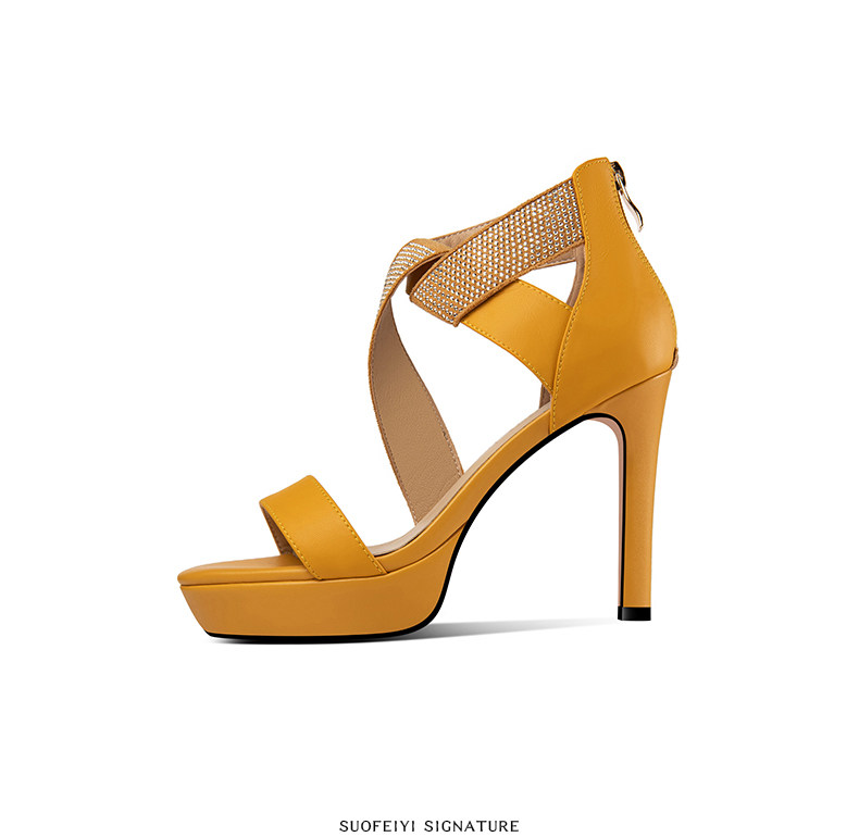 Sandal cao gót nữ hở mũi gót nhọn 9 cm quai mảnh đính đá — Vàng, Xanh da trời chi tiết 3