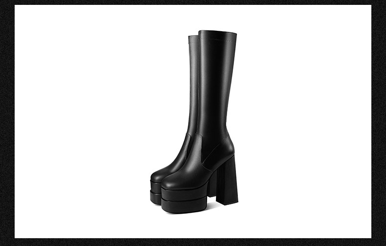 Boot nữ cổ cao gót siêu cao đế dày chunky, dây xích trang trí, phong cách châu Âu — Đen, Trắng chi tiết 14