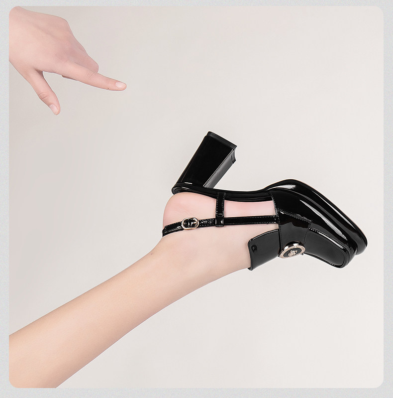 Sandal cao gót nữ hở mũi mũi vuông da bóng gót dày 5-8 cm — Màu Caramel, Màu Đen chi tiết 20