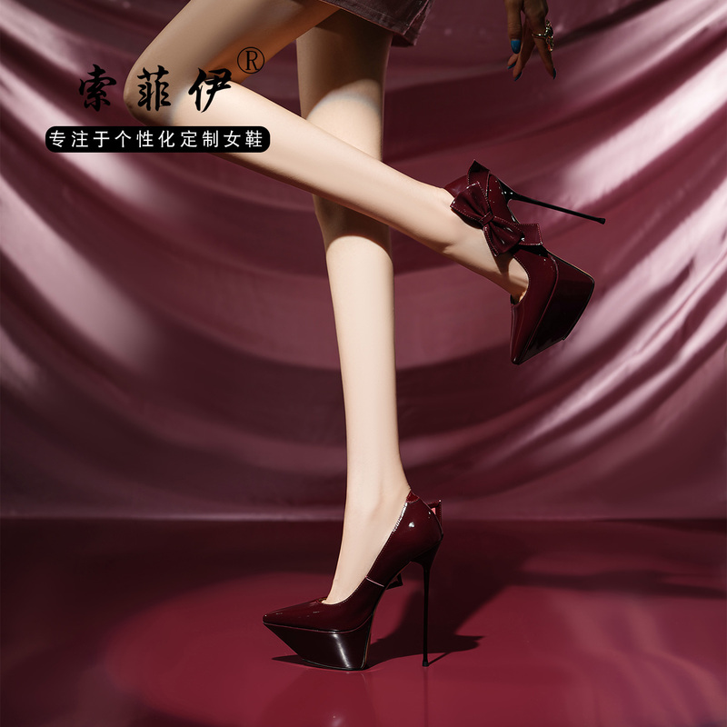16cm Height-Increasing High Heels for Petite Women, Unique Design with Bow, Ultra-Thin Heel, Women's Shoes for Car Shows and Runway Shows