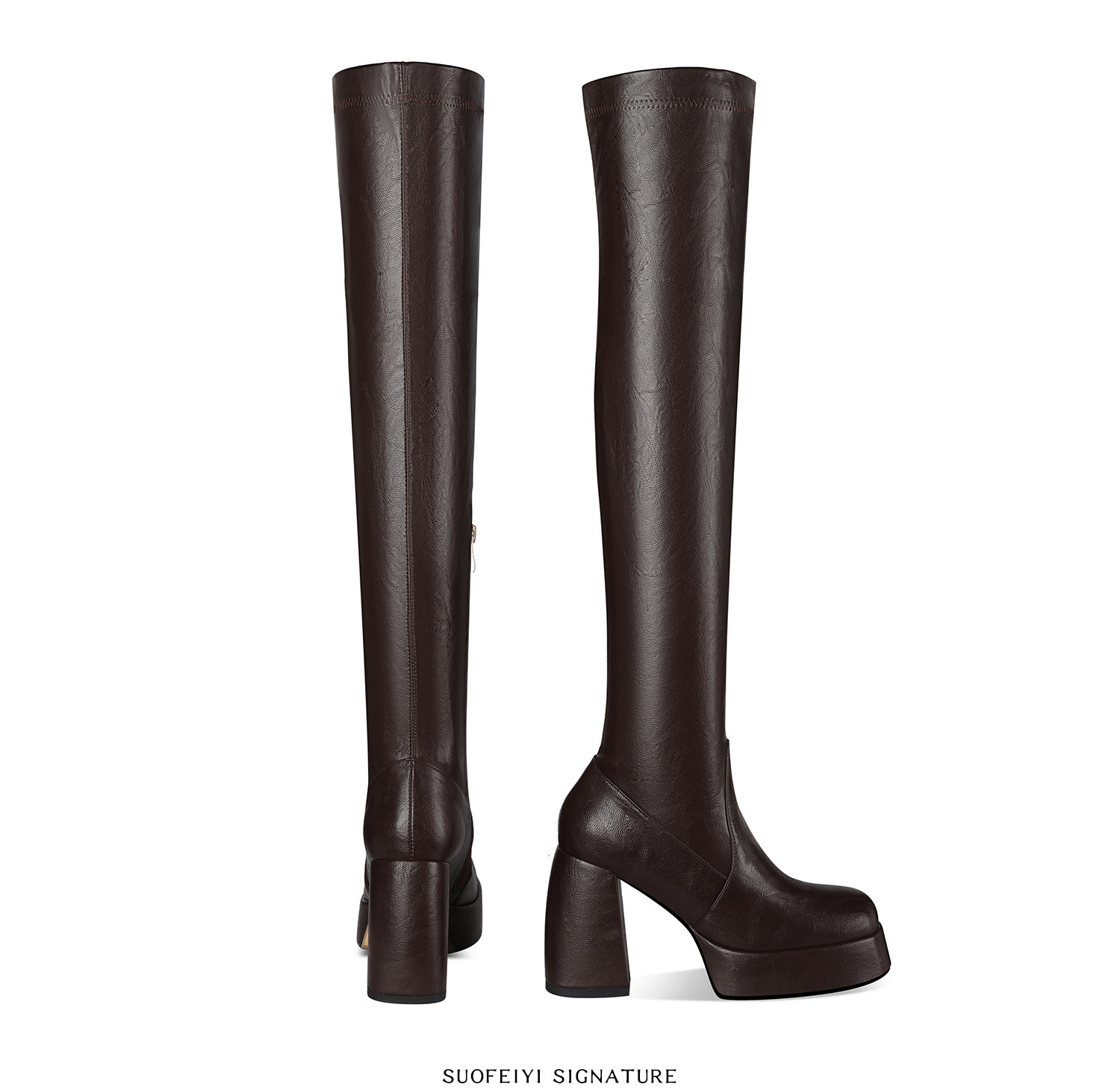 Boot nữ cổ cao ôm bắp chân gót cao dày đế tăng chiều cao — Đen, Nâu chi tiết 8