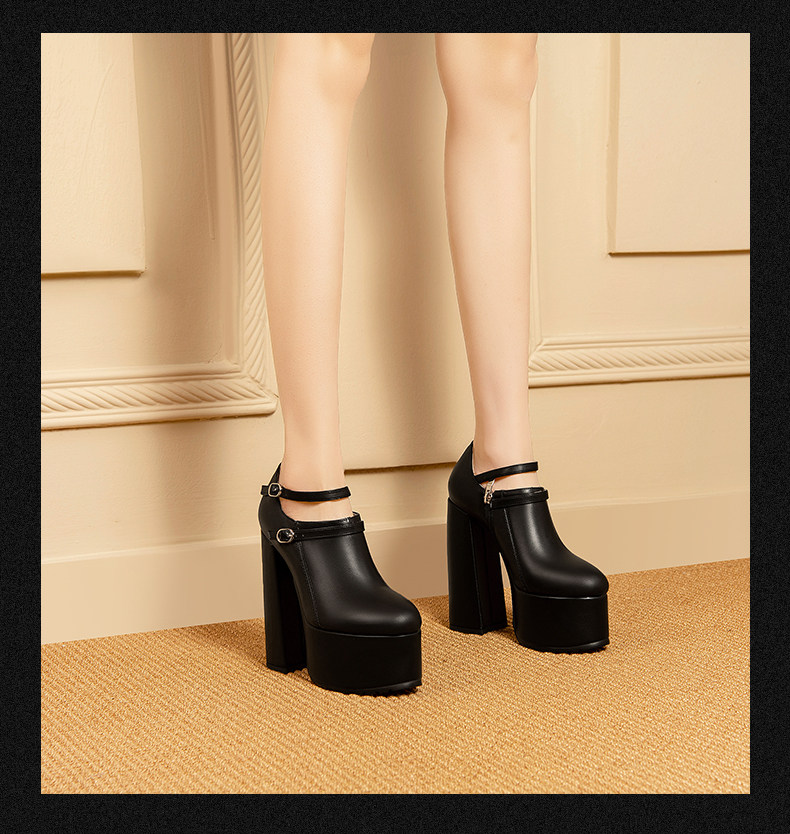 Giày clog nữ da bò đen đế dày chống nước, gót vuông 9 cm, mũi nhọn khoét sâu — Đen chi tiết 7