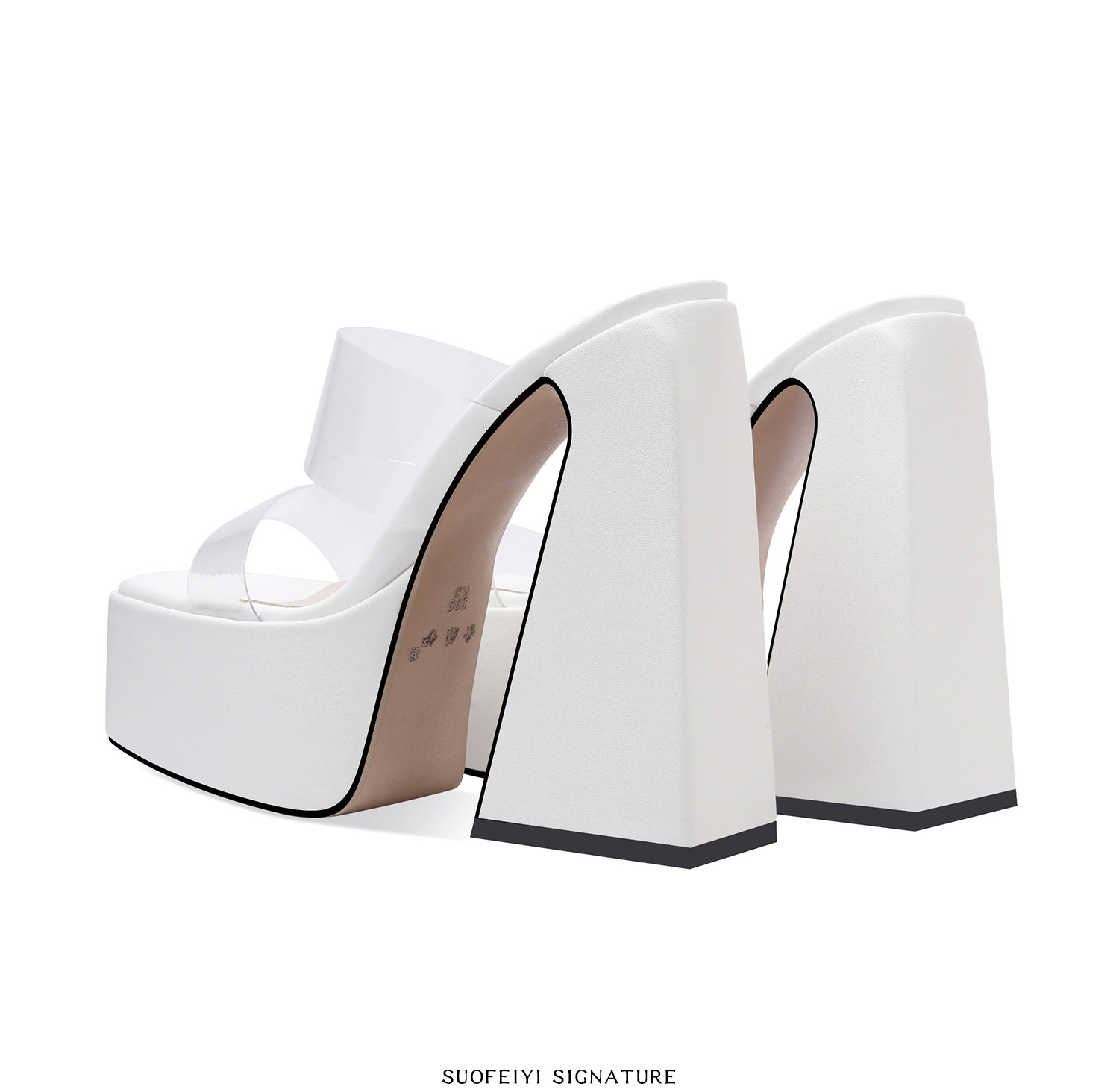 Sandal cao gót nữ hở mũi đế dày gót vuông trong suốt — Đen, Trắng, Mơ chi tiết 6