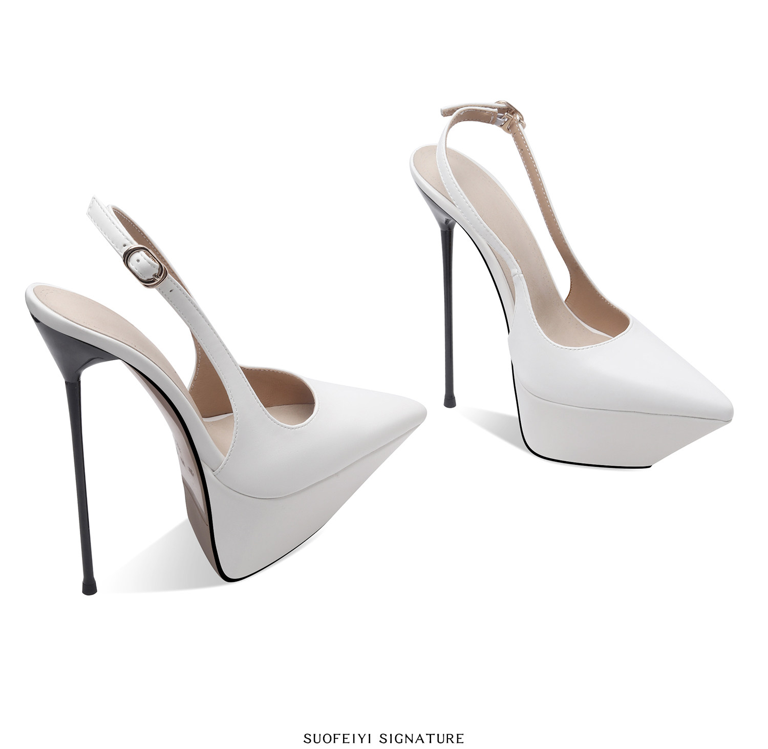 Sandal cao gót nữ mũi nhọn quai một dây, gót siêu cao 12 cm — Đen, Trắng chi tiết 7