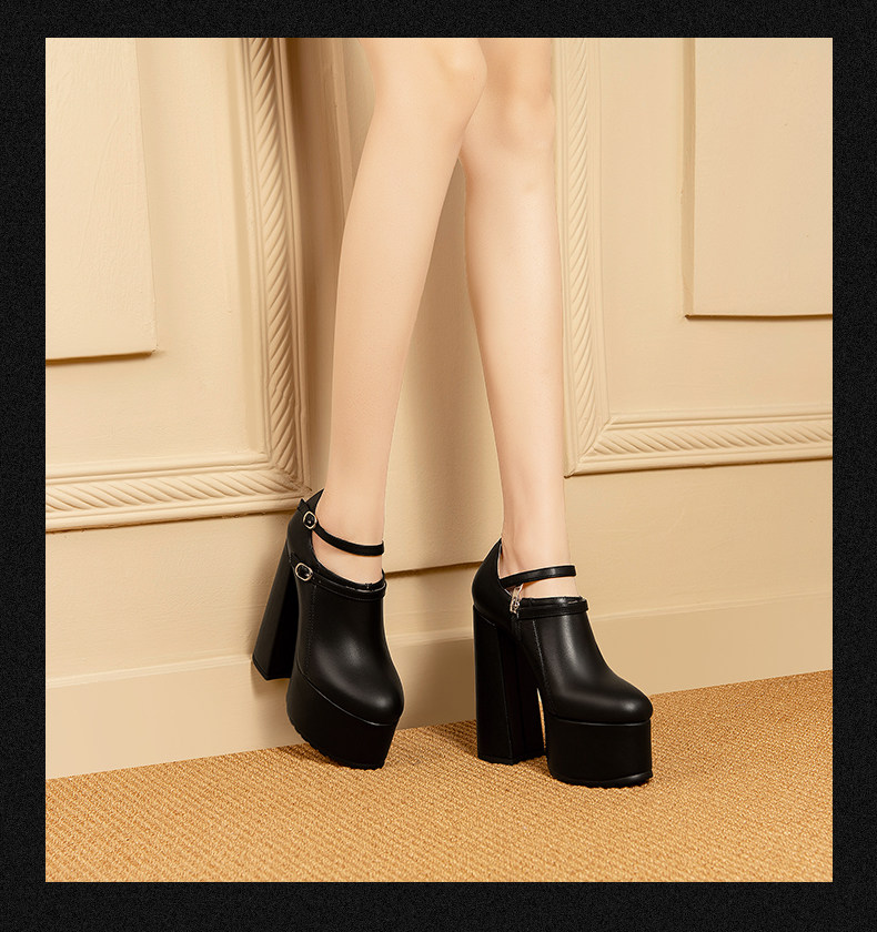 Giày clog nữ da bò đen đế dày chống nước, gót vuông 9 cm, mũi nhọn khoét sâu — Đen chi tiết 6