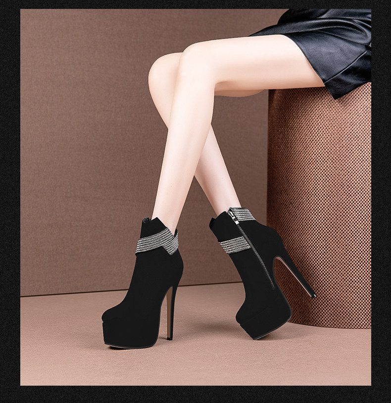 Boot cổ thấp nữ mũi tròn gót siêu cao đính đá dây xích — Đen Cao Gót 12cm, Đen Cao Gót 13cm, Đen Cao Gót 15cm chi tiết 4