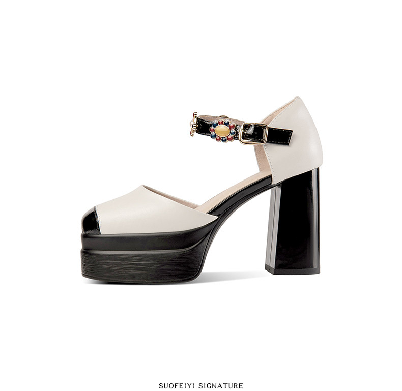 Sandal platform nữ mũi kín da thật gót vuông cao 8 cm — Đen, Trắng chi tiết 7